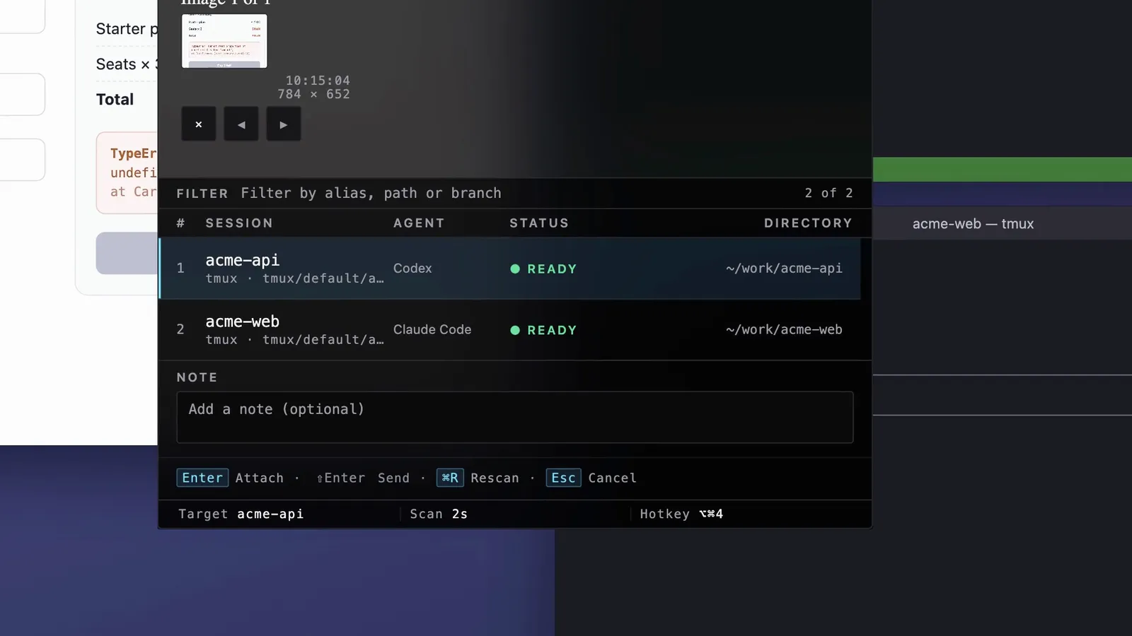 The PaneDrop HUD over a checkout page, listing two tmux sessions: acme-api running Codex and acme-web running Claude Code, both ready.